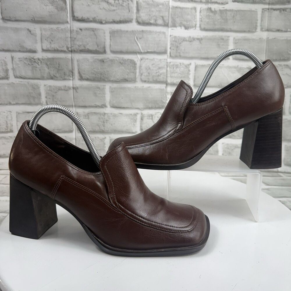 NC Club VINTAGE Woman’s Size 10 Brown Leather Square Toe Chunky Platform Heels